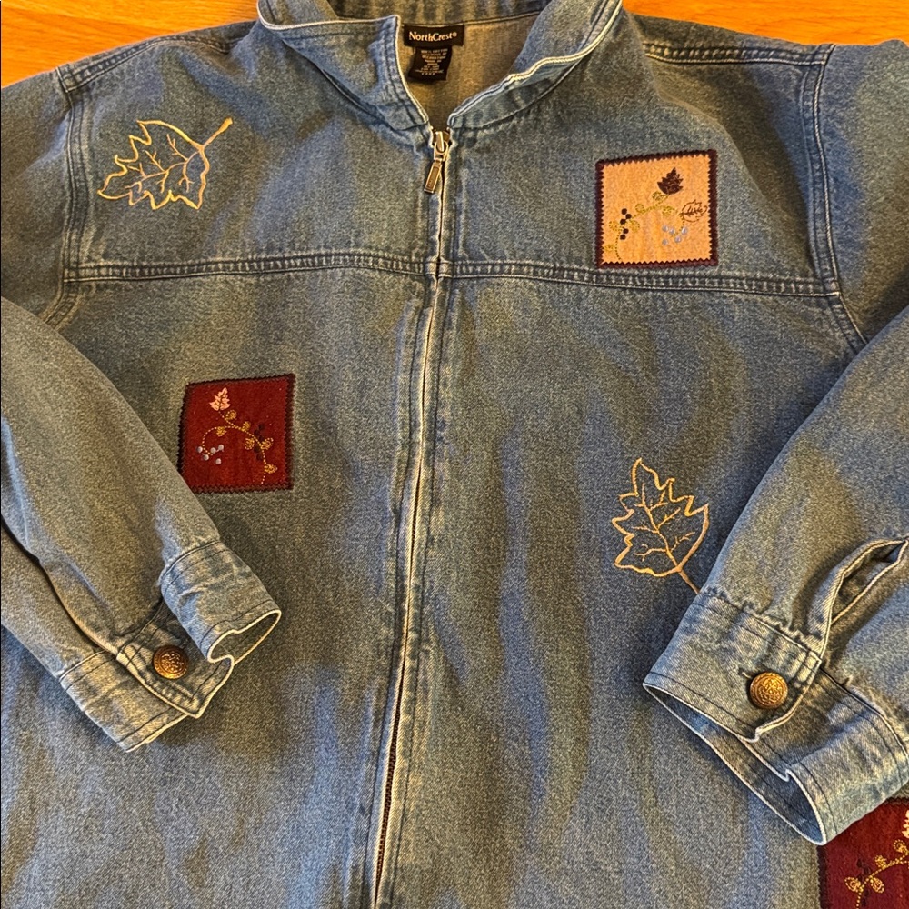 90’s VTG FALL 🍁Denim Jacket Embroidered Flowers Leaves SZ 4X Zip up grandma core